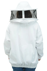 Back view of female beekeeper in white poly-cotton beekeeping jacket with round hat veil