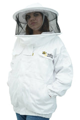 Female model in white beekeeping jacket with round hat veil front view