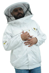 Male beekeeper in white poly-cotton beekeeping jacket with round hat veil showing front zipper closure