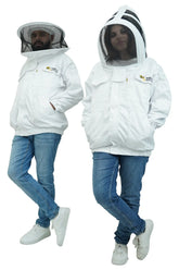White poly-cotton beekeeping jacket with round hat and fencing veil worn by male and female models