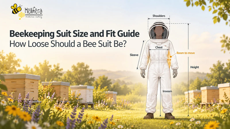 Beekeeping suit size and fit guide showing a white bee suit with shoulder, chest, sleeve, inseam and height measurements