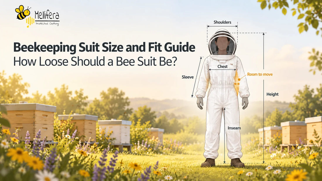 Beekeeping suit size and fit guide showing a white bee suit with shoulder, chest, sleeve, inseam and height measurements