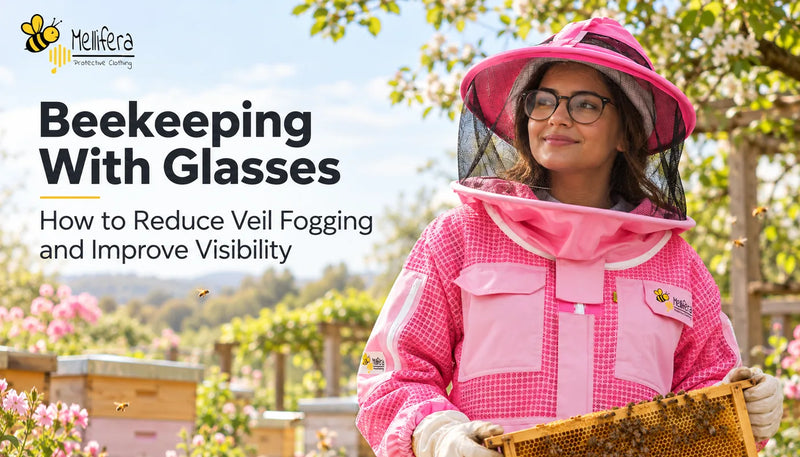 Beekeeper wearing glasses under a Mellifera ventilated bee suit and veil, inspecting a hive frame with clear vision