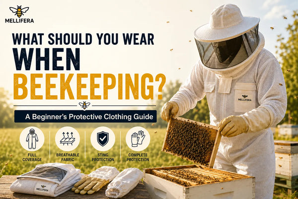 Beginner beekeeper wearing a full protective beekeeping suit with veil, gloves, and protective gear while working on a hive.
