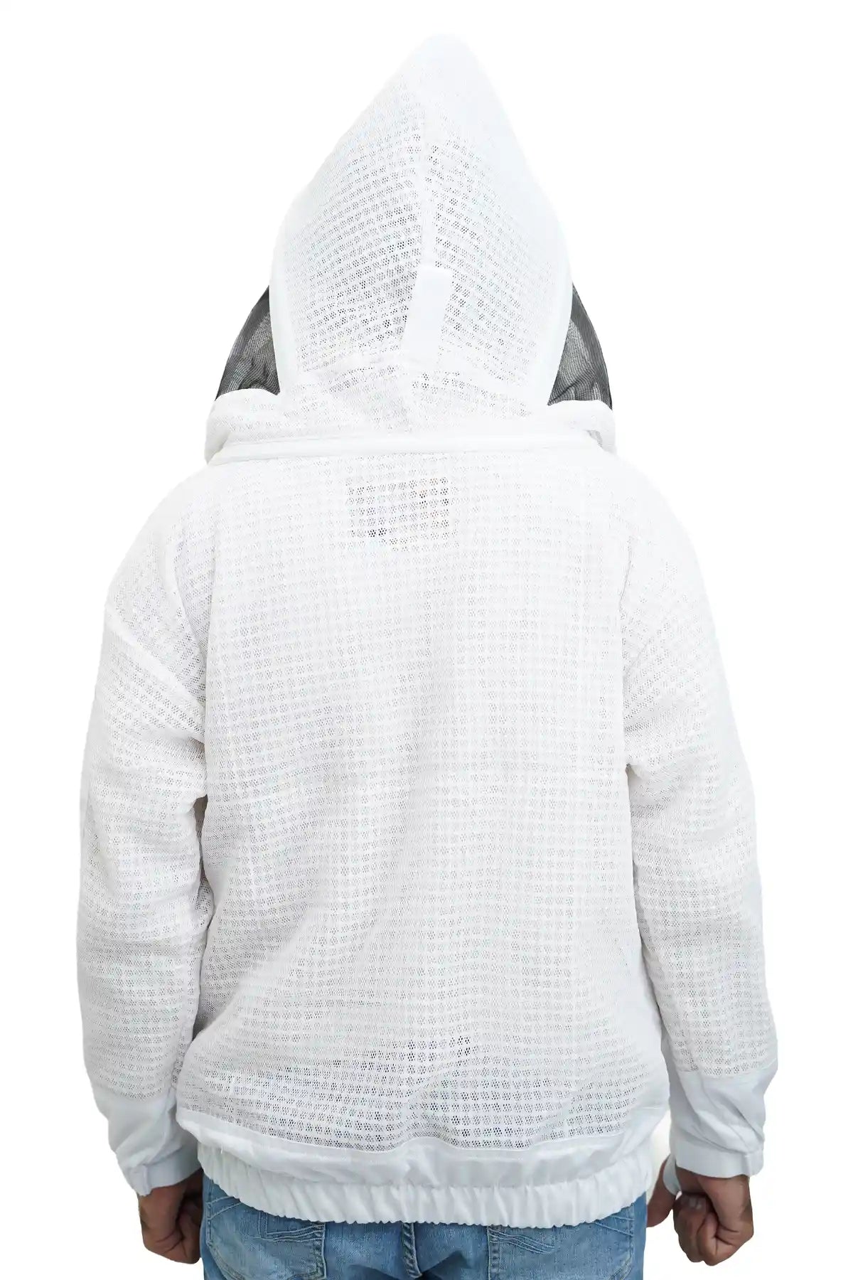 3 layer ventilated mesh beekeeping jacket back view with the veil hood folded up at the back