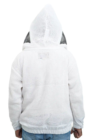 3 layer ventilated mesh beekeeping jacket back view with the veil hood folded up at the back