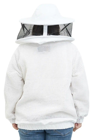 3 layer ventilated mesh beekeeping jacket back view with the round veil hood lowered