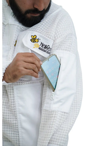 Close-up of the chest pocket holding a smartphone on the 3 layer ventilated mesh beekeeping jacket