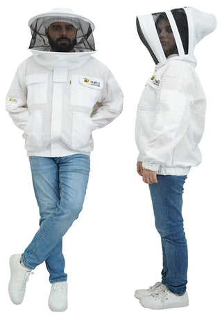 3 layer ventilated mesh beekeeping jacket shown on two models wearing the fencing veil and the round hat veil