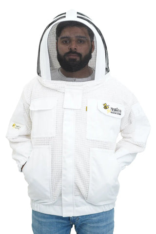 3 layer ventilated mesh beekeeping jacket front view with the fencing veil
