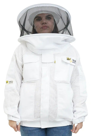 3 layer ventilated mesh beekeeping jacket front view with the round veil hood lowered