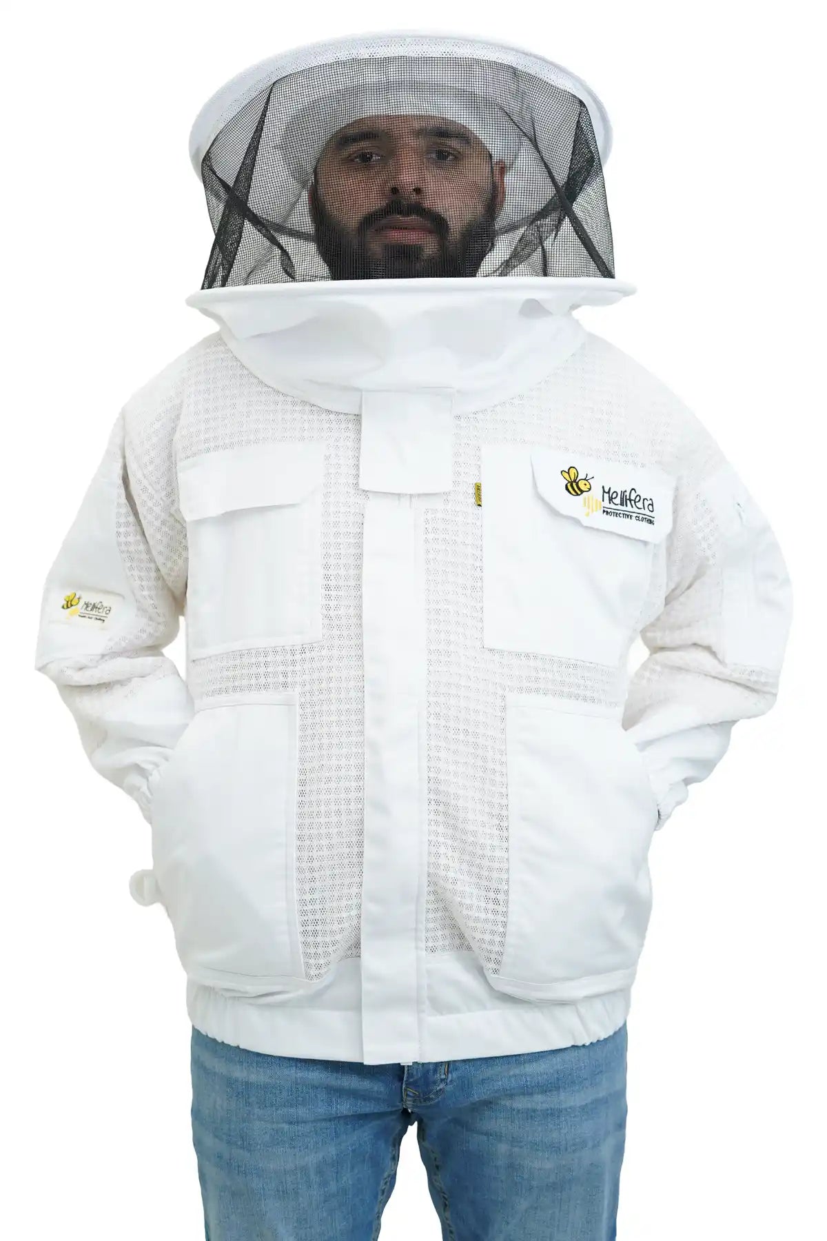 3 layer ventilated mesh beekeeping jacket front view with the round veil