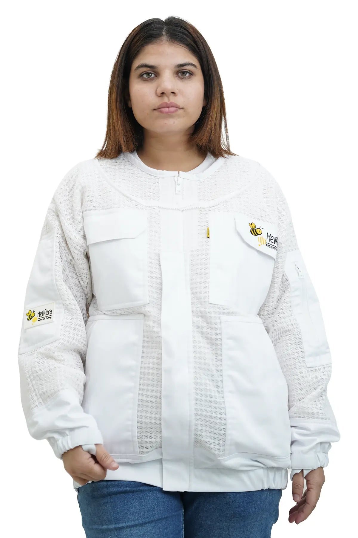3 layer ventilated mesh beekeeping jacket front view with the veil removed