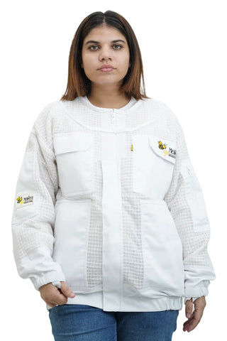 3 layer ventilated mesh beekeeping jacket front view with the veil removed