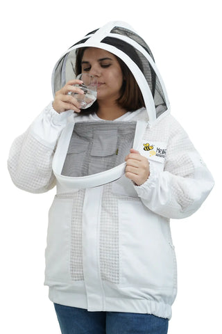 Beekeeper drinking water through the round veil of the 3 layer ventilated mesh beekeeping jacket