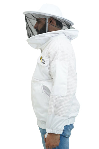 3 layer ventilated mesh beekeeping jacket side view with the round hat veil