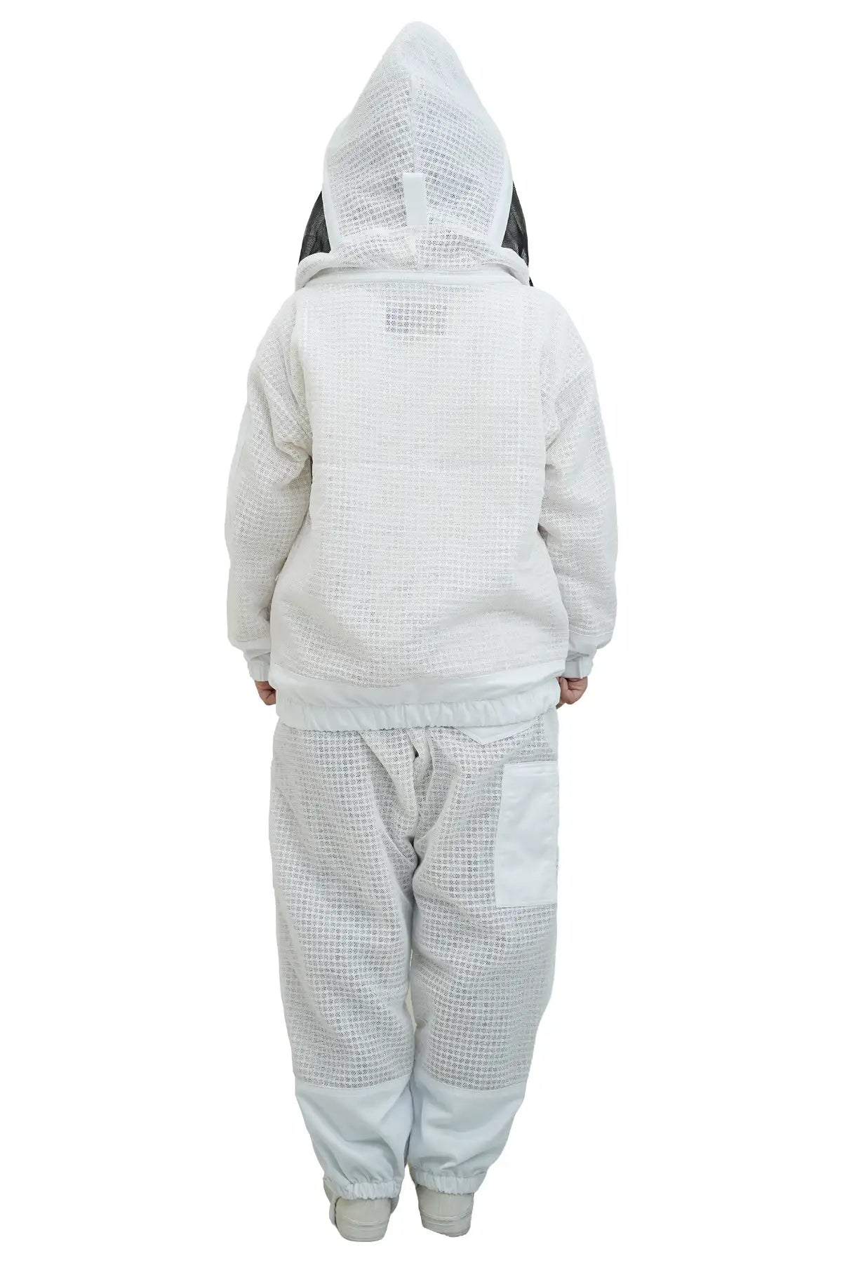 3 layer ventilated mesh beekeeping jacket and trouser set back view with the round hat veil