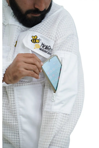 Close-up of the chest pocket holding a smartphone on the 3 layer ventilated mesh beekeeping jacket and trouser set