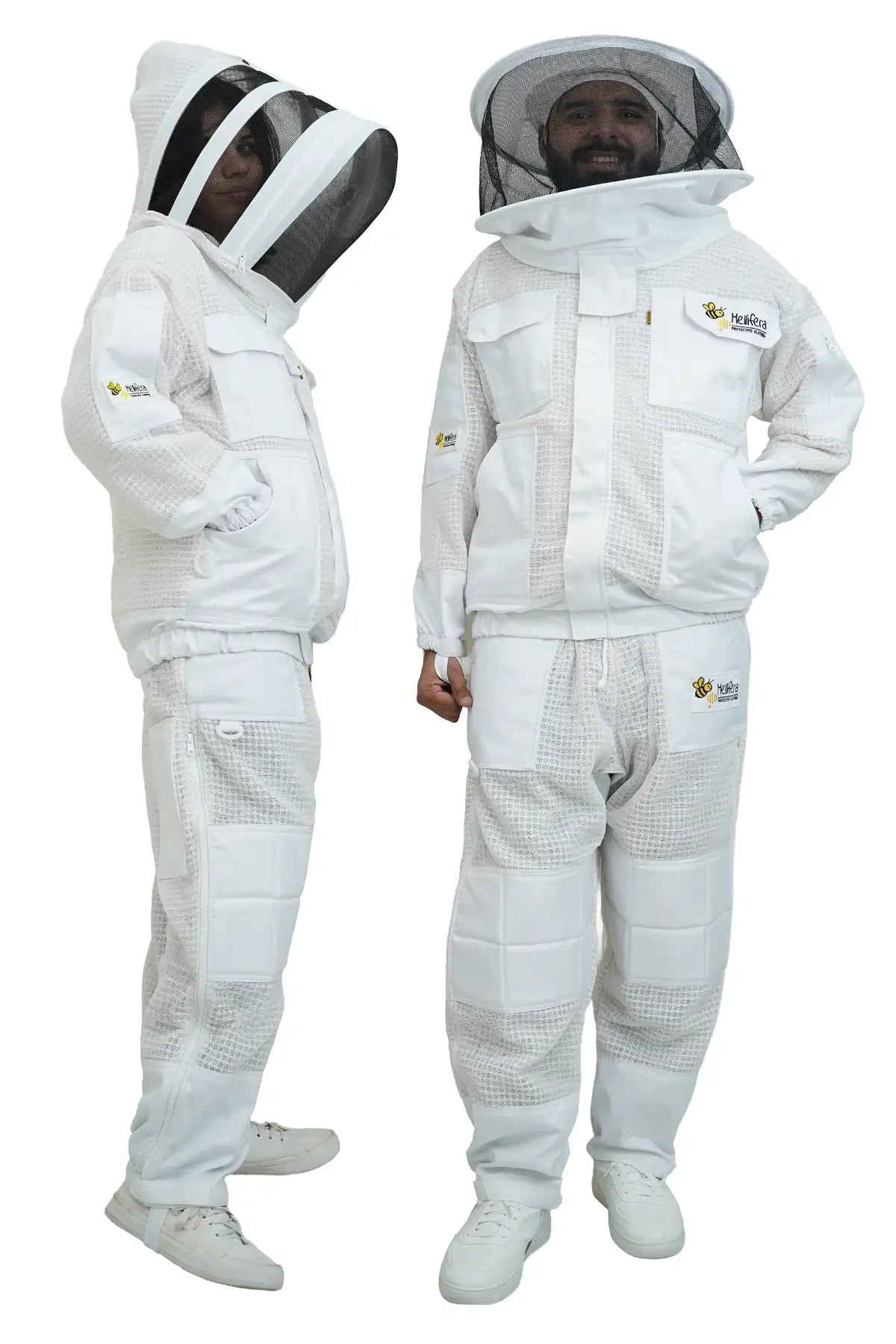 3 layer ventilated mesh beekeeping jacket and trouser set shown on two models wearing the fencing veil and the round hat veil