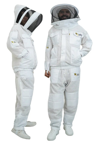 3 layer ventilated mesh beekeeping jacket and trouser set shown on two models wearing the fencing veil and the round hat veil