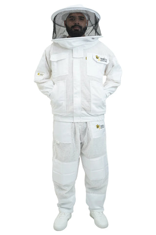 3 layer ventilated mesh beekeeping jacket and trouser set front view with the fencing veil