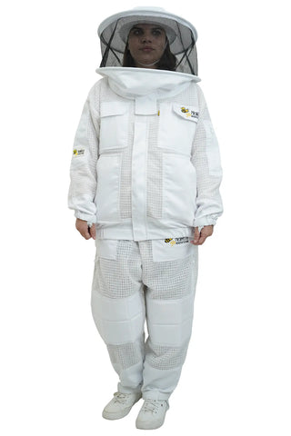 3 layer ventilated mesh beekeeping jacket and trouser set front view with the round hat veil