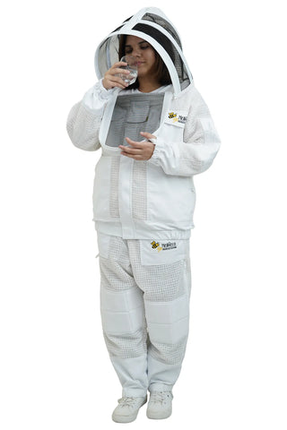 Beekeeper drinking water through the round veil of the 3 layer ventilated mesh beekeeping jacket and trouser set