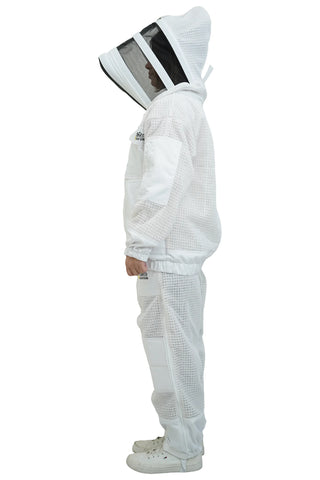 3 layer ventilated mesh beekeeping jacket and trouser set side view with the veil hood folded up at the back