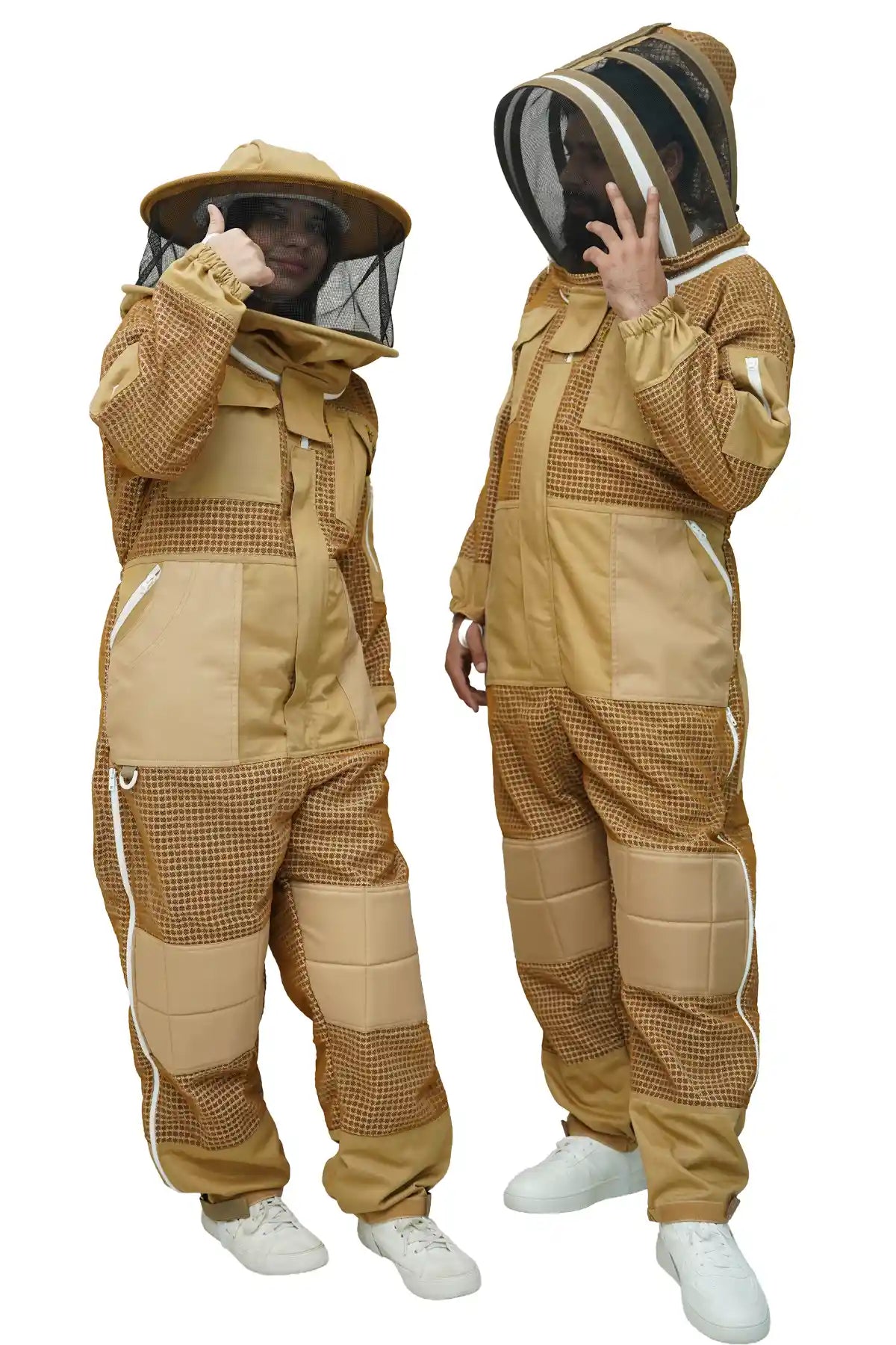 Two beekeepers wearing khaki 3-layer mesh beekeeping suit – one with round hat veil, one with fencing veil – dual veil options for men and women – USA