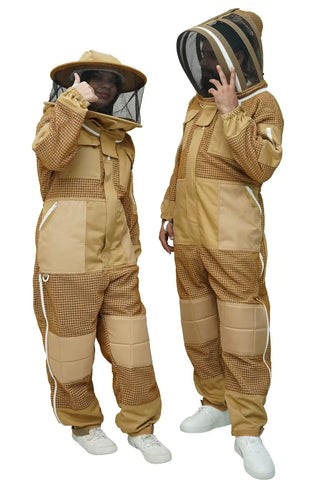 Two beekeepers wearing khaki 3-layer mesh beekeeping suit – one with round hat veil, one with fencing veil – dual veil options for men and women – USA