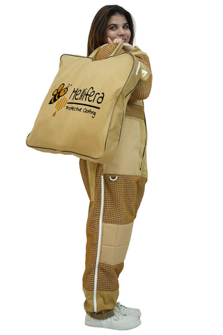 Female beekeeper in khaki 3-layer mesh beekeeping jacket and trousers set with Mellifera storage bag 