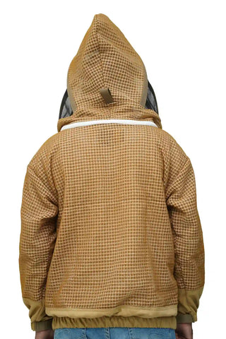 Khaki 3 layer ventilated mesh beekeeping jacket back view with the veil hood folded up at the back