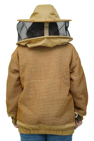 Khaki 3 layer ventilated mesh beekeeping jacket back view with the round hat veil