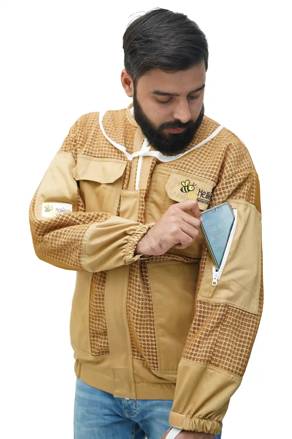 Close-up of the collar and drawstring on the khaki 3 layer ventilated mesh beekeeping jacket
