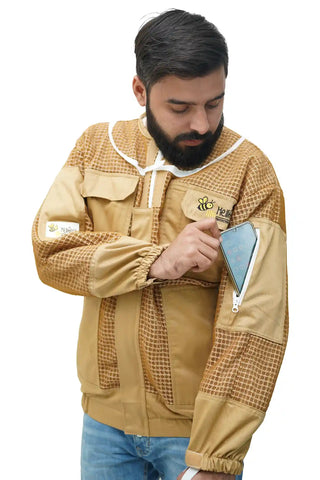 Close-up of the collar and drawstring on the khaki 3 layer ventilated mesh beekeeping jacket