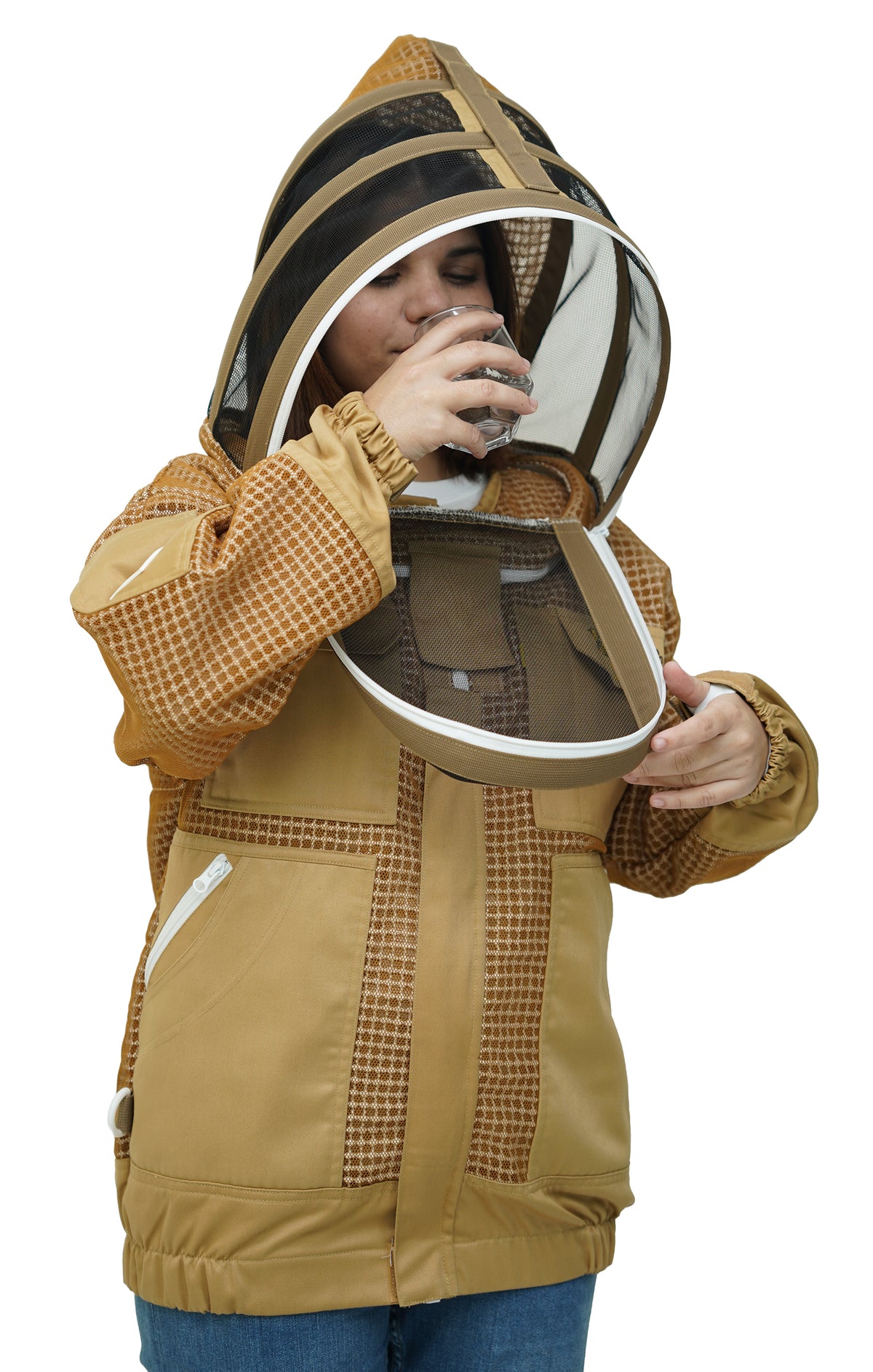 Khaki 3-Layer Super Cool Mesh Beekeeping Jacket With Dual Veils, Gloves