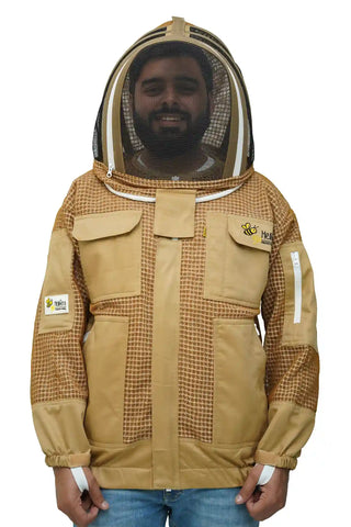 Khaki 3 layer ventilated mesh beekeeping jacket front view with the fencing veil