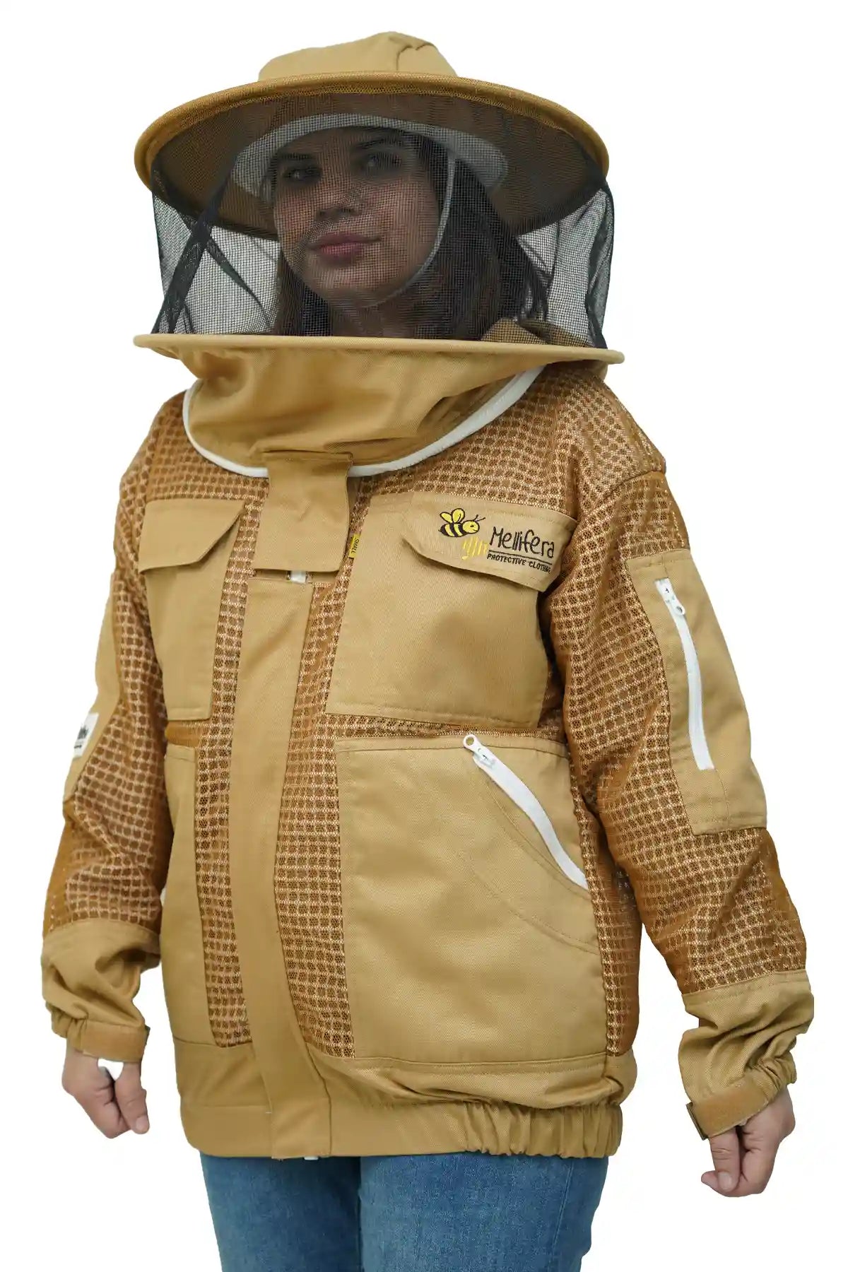 Khaki 3 layer ventilated mesh beekeeping jacket front view with the round hat veil