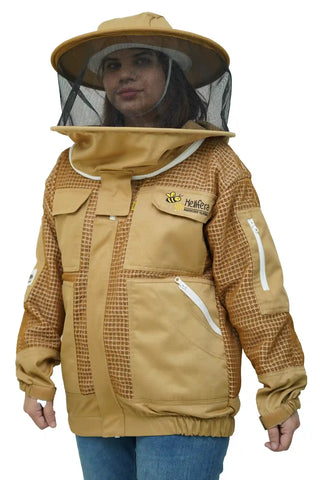 Khaki 3 layer ventilated mesh beekeeping jacket front view with the round hat veil