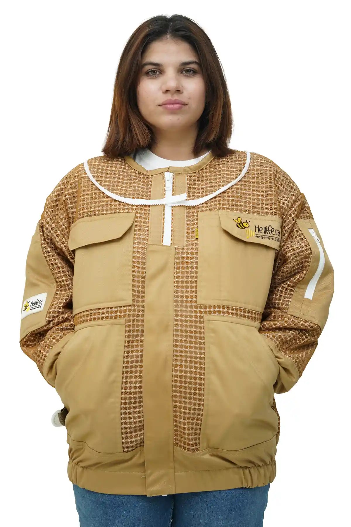 Khaki 3 layer ventilated mesh beekeeping jacket front view with the veil removed