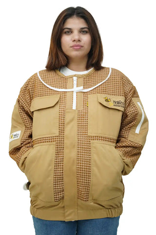 Khaki 3 layer ventilated mesh beekeeping jacket front view with the veil removed