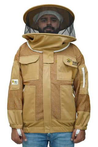 Khaki 3 layer ventilated mesh beekeeping jacket front view with the round veil hood lowered