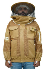 Khaki 3 layer ventilated mesh beekeeping jacket front view with the round veil hood lowered