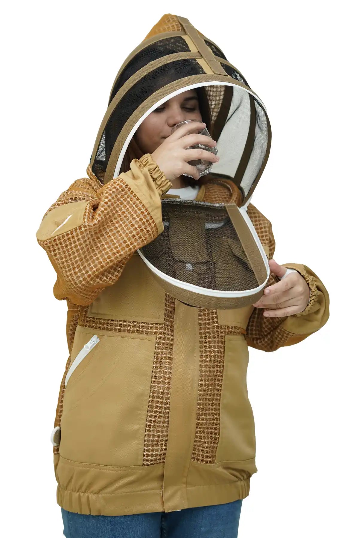 Beekeeper drinking water through the round veil of the khaki 3 layer ventilated mesh beekeeping jacket

