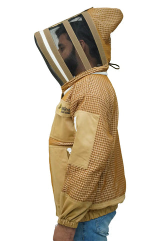 Khaki 3 layer ventilated mesh beekeeping jacket side view with the fencing veil