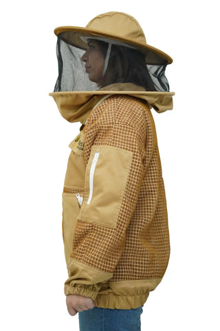 Khaki 3 layer ventilated mesh beekeeping jacket side view with the round hat veil