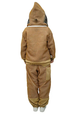 Back view of beekeeper in khaki 3-layer mesh beekeeping jacket and trousers with fencing veil