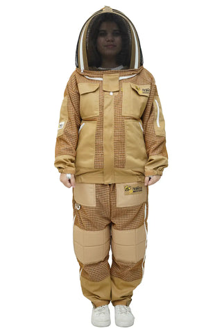 Female beekeeper in khaki 3-layer mesh beekeeping jacket and trousers with fencing veil front view