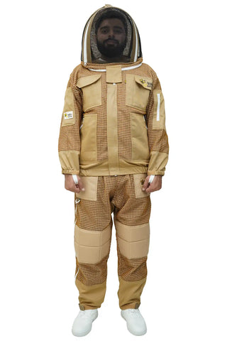 Male beekeeper in khaki 3-layer mesh beekeeping jacket and trousers with fencing veil front view