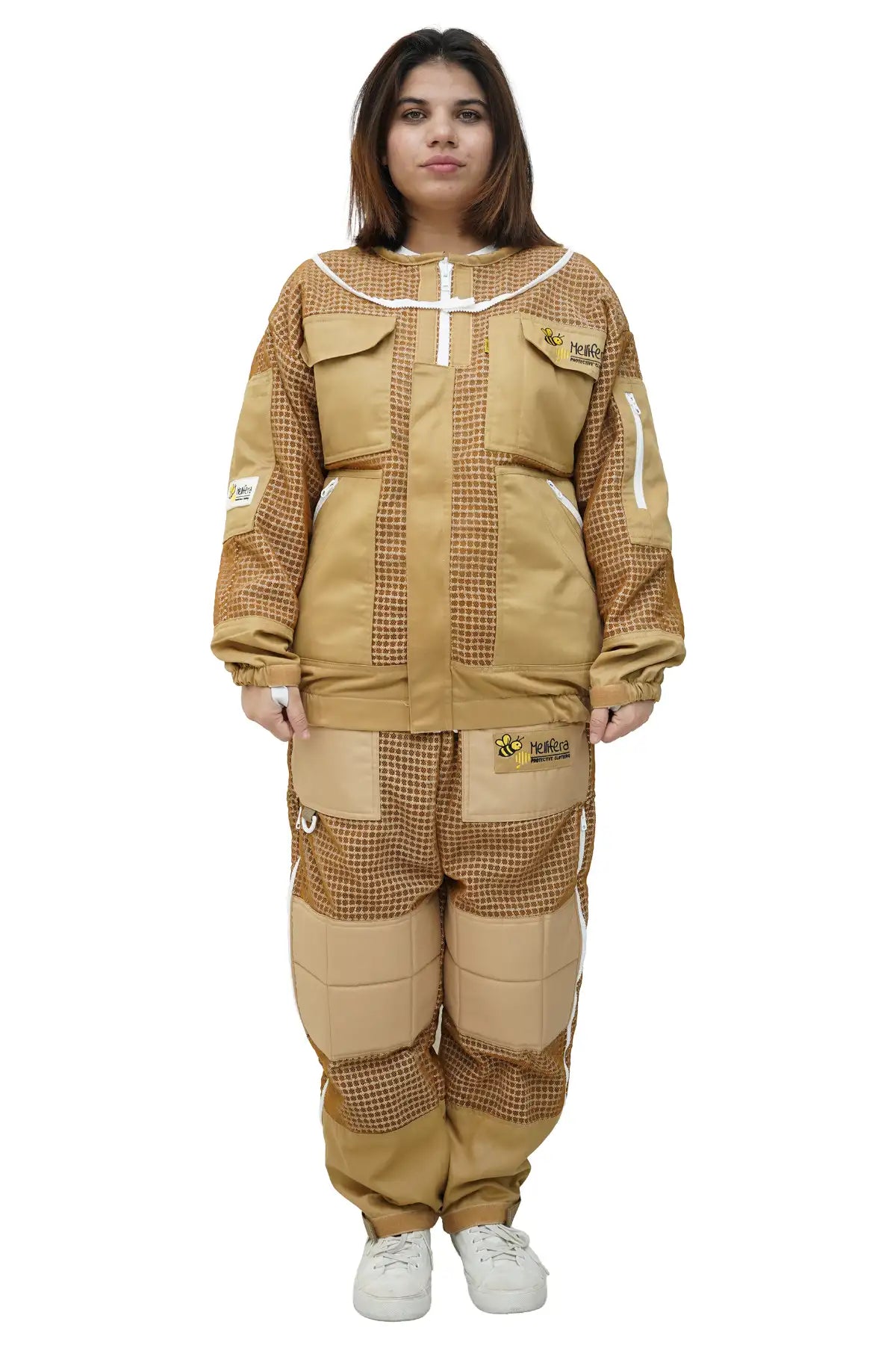  Female beekeeper in khaki 3-layer mesh beekeeping jacket and trousers set front view without veil